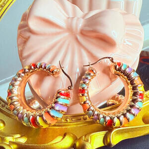 Rainbow Enamel Chunky Hoop Earrings Gold Tone Statement NWT